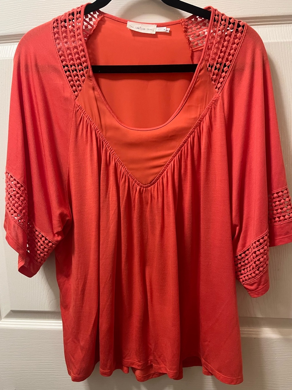 The Addison Story Anthropologie Top Sz Sm Coral Rust Crochet Dolman Sleeve Boho
